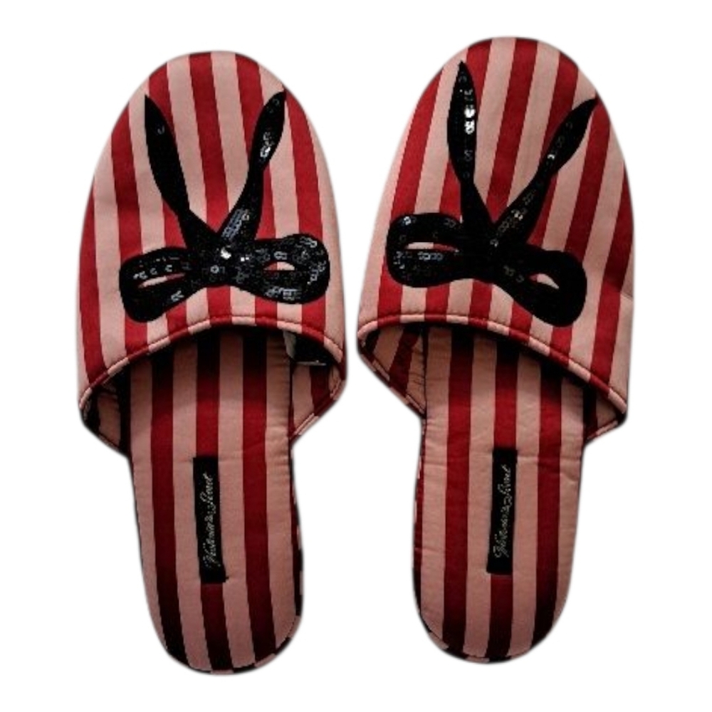 Victoria's Secret   Pink & Red Striped with Black Sequin Bow Slippers size S